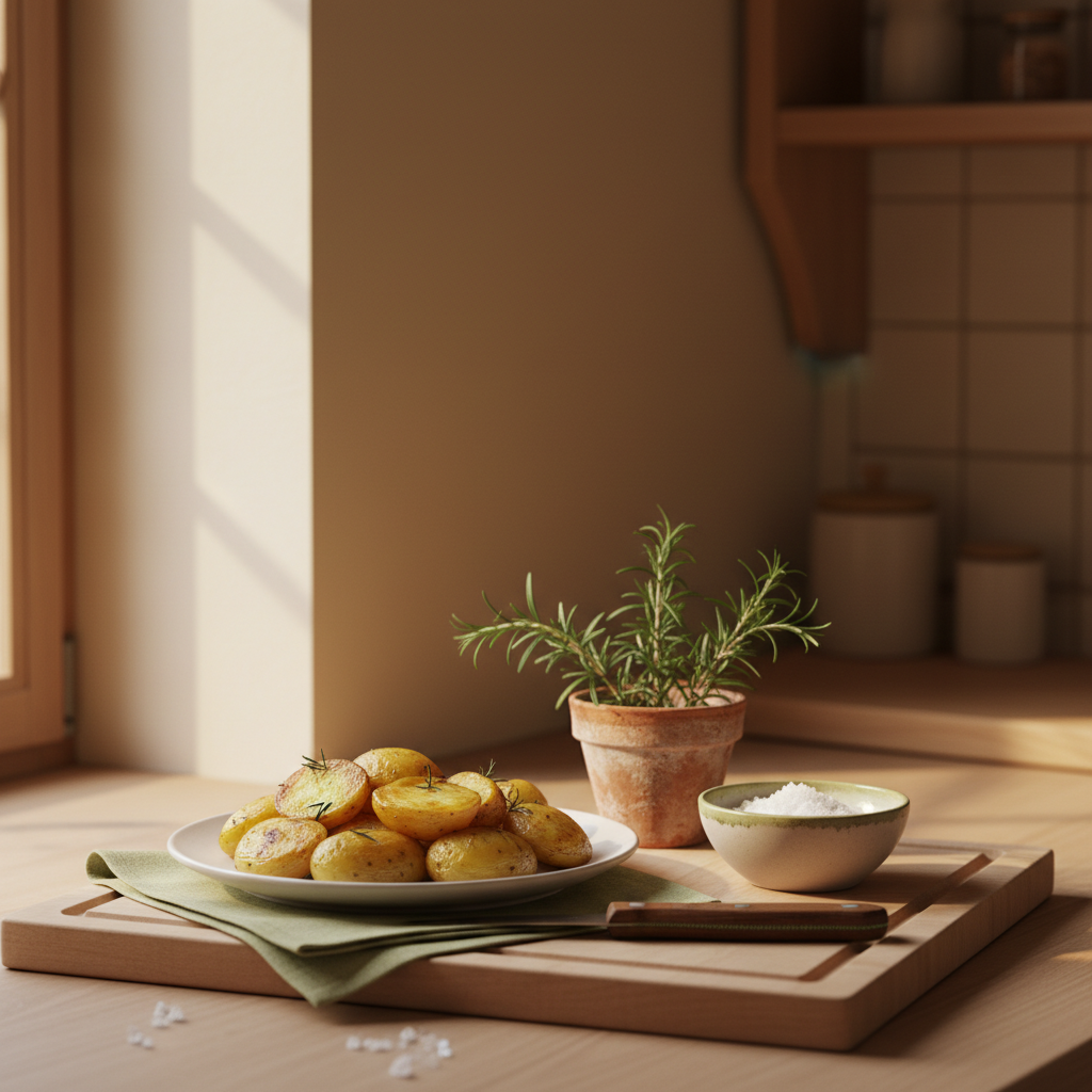 Ofenkartoffeln auf Holzbrett mit Rosmarintopf und grobem Salz in minimalistischer, warmer Küchenaufnahme – Welche Gewürze passen zu Kartoffeln