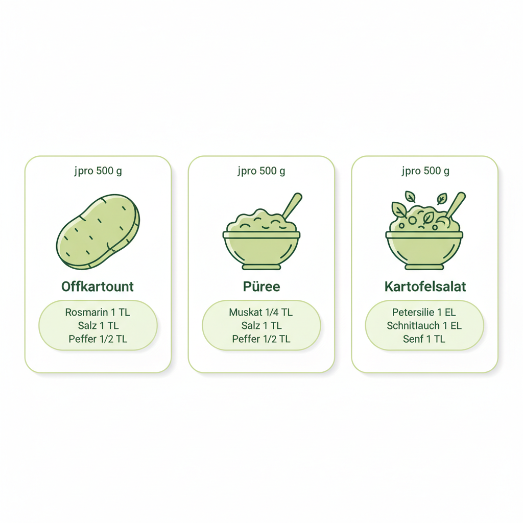Minimalistische 2D-Infografik mit Vektor-Icons für Ofenkartoffeln, Püree und Kartoffelsalat mit Dosierungen pro 500 g – Welche Gewürze passen zu Kartoffeln