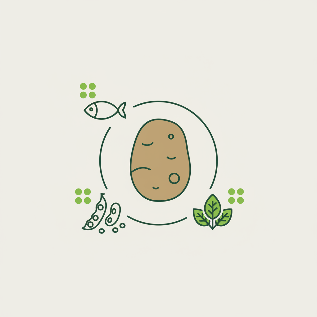 Was schmeckt gut zu Kartoffeln? Minimalistische 2D-Vektor-Infografik mit zentraler Kartoffel und Icons für Fisch, Hülsenfrüchte und Blattgemüse in Markenfarben.