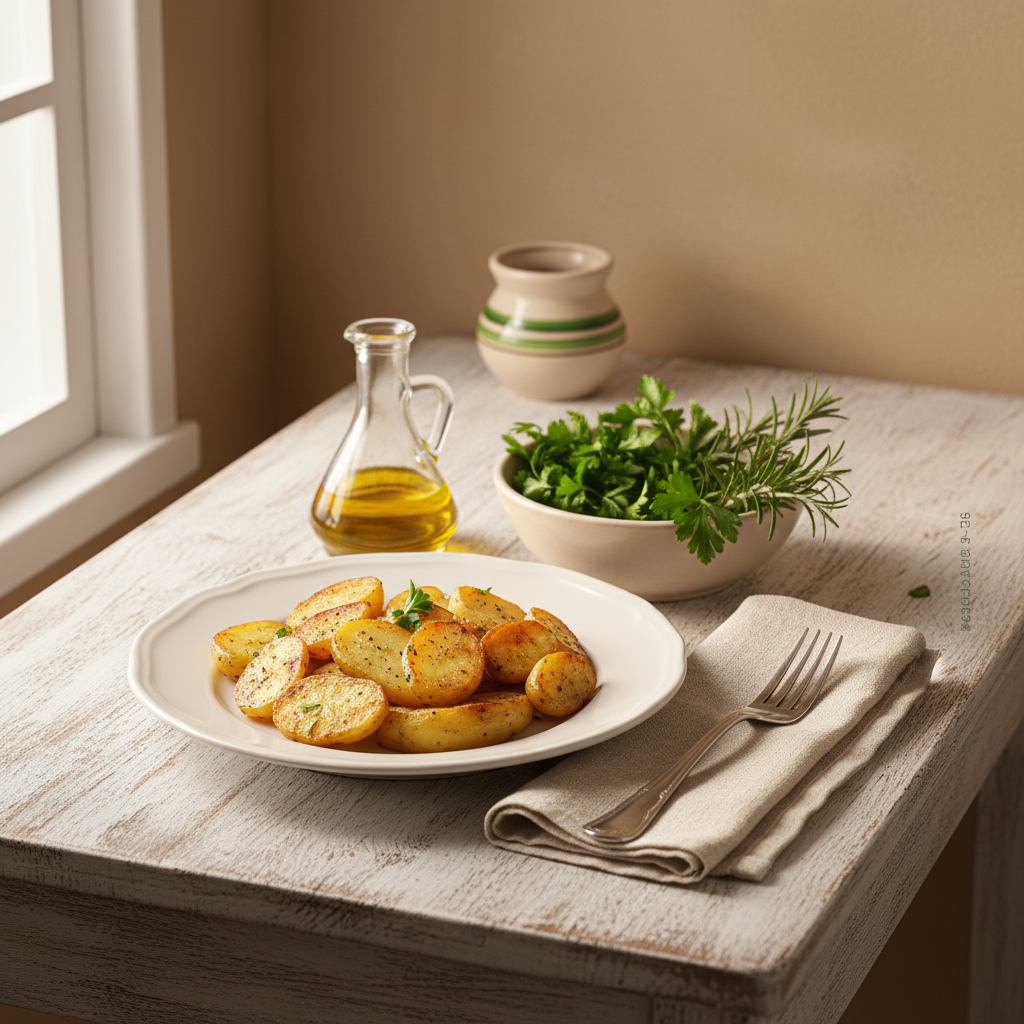 Was schmeckt gut zu Kartoffeln? Ofenkartoffeln auf Teller mit Olivenölflasche und frischen Kräutern vor minimalistischem Hintergrund (#dbdbcf, Akzent #a5cd8d), warmes Tageslicht.