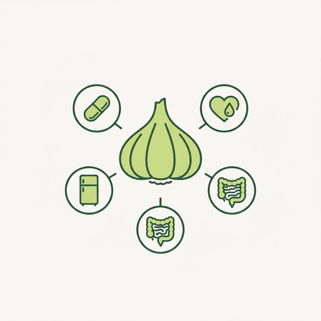 Minimalistische 2D-Vektor-Infografik mit Icons (Knoblauch, Tablette, Herz, Verdauung, Kühlschrank) passend zum Artikel – Was verträgt sich nicht mit Knoblauch