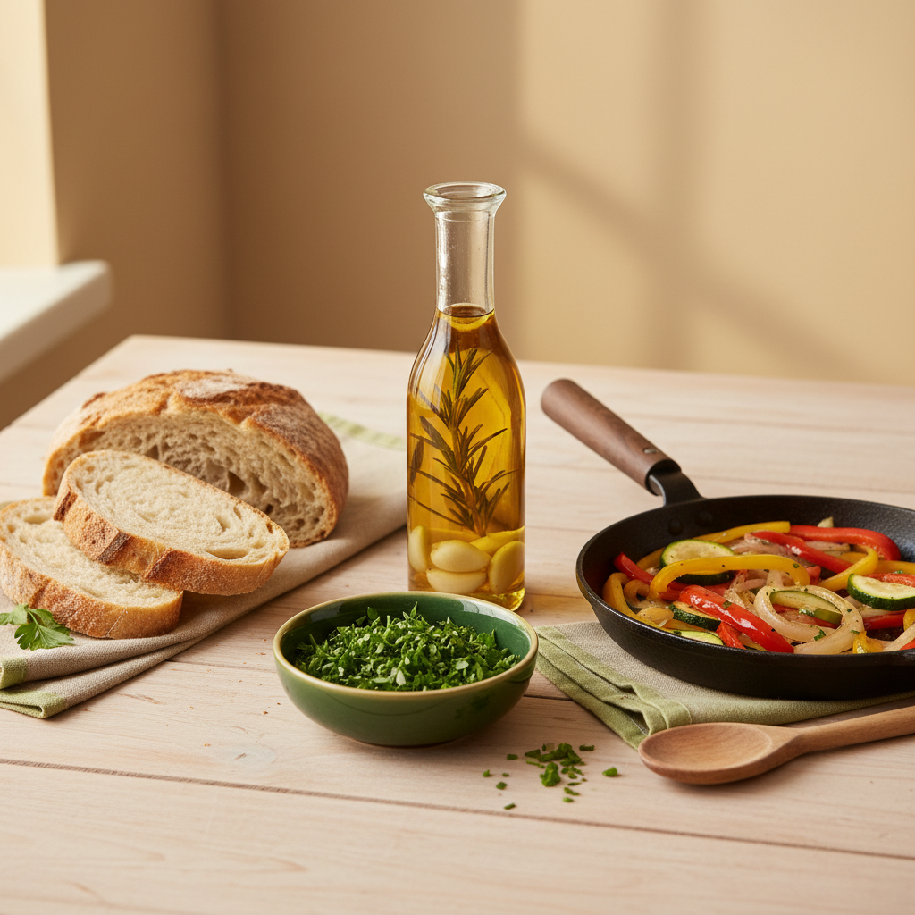 Nahaufnahme eines minimalistisch angerichteten europäischen Essens mit Knoblauchöl, frischen Kräutern, geschnittenem Brot und sautiertem Gemüse auf Holztisch. Was verträgt sich nicht mit Knoblauch