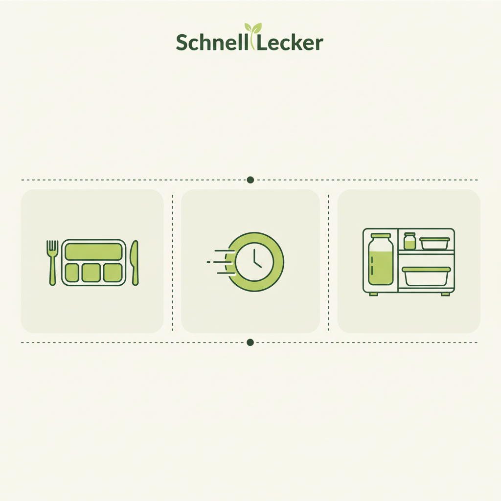 Vektor-Infografik: drei Icons für Meal Prep, 15‑Minuten‑Mahlzeiten und Kühlung in Schnell-Lecker-Farben. Was sollte man nicht neben Kartoffeln pflanzen?