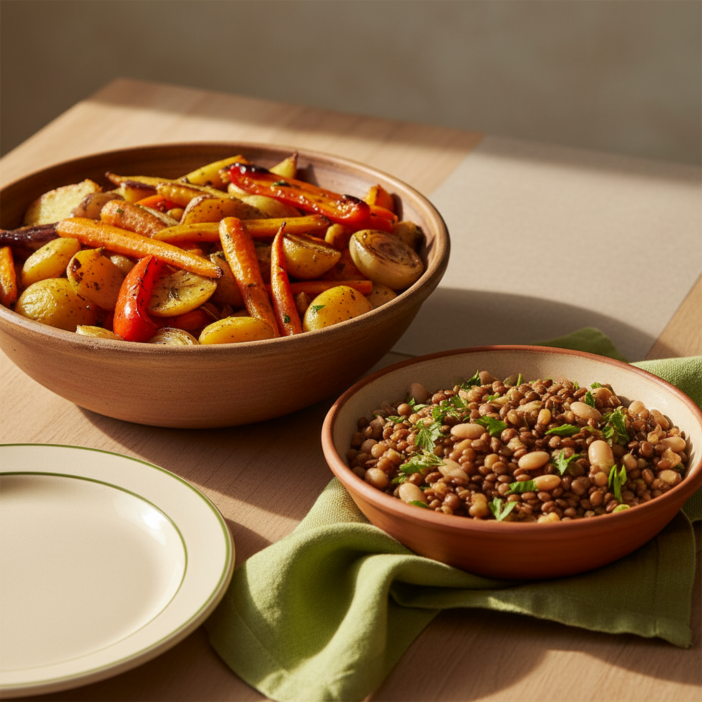 Nahaufnahme eines warmen, heimischen Essens mit Ofengemüse, Hülsenfrüchten und Kräutern auf Holztisch, minimalistisches Setting, Akzent in #a5cd8d. Was sollte man nicht neben Kartoffeln pflanzen?