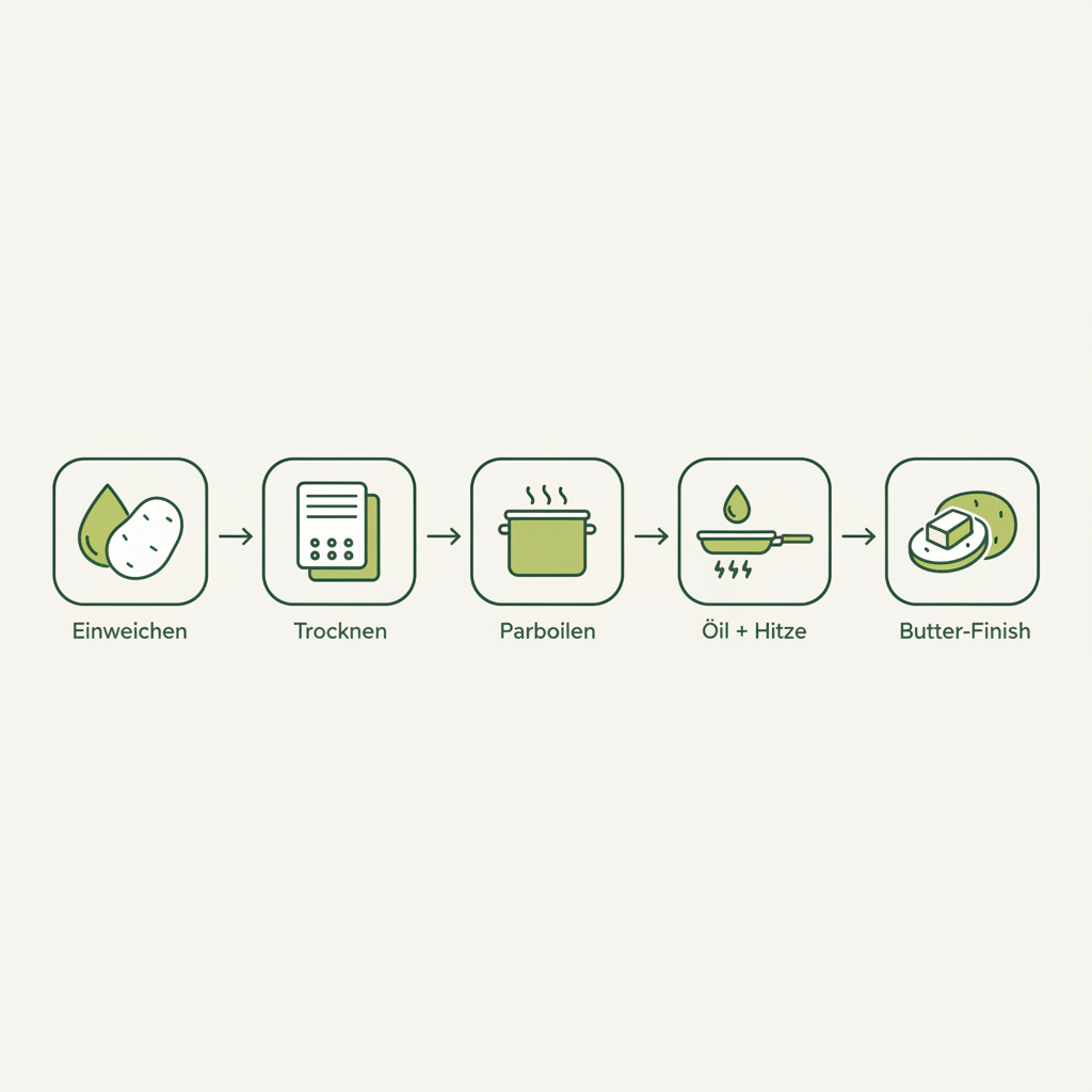 Minimalistische 2D-Vektor-Infografik in Schnell Lecker Farben zeigt Schritte Einweichen, Trocknen, Parboilen, Öl+Hitze, Butter-Finish für Kartoffeln mehr Geschmack.
