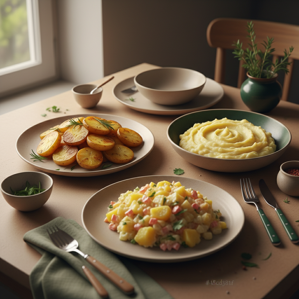 Nahaufnahme eines minimalistisch gedeckten Tisches mit Ofenkartoffeln, Kartoffelstampf und Kartoffelsalat in warmen Tönen – Kartoffeln mehr Geschmack