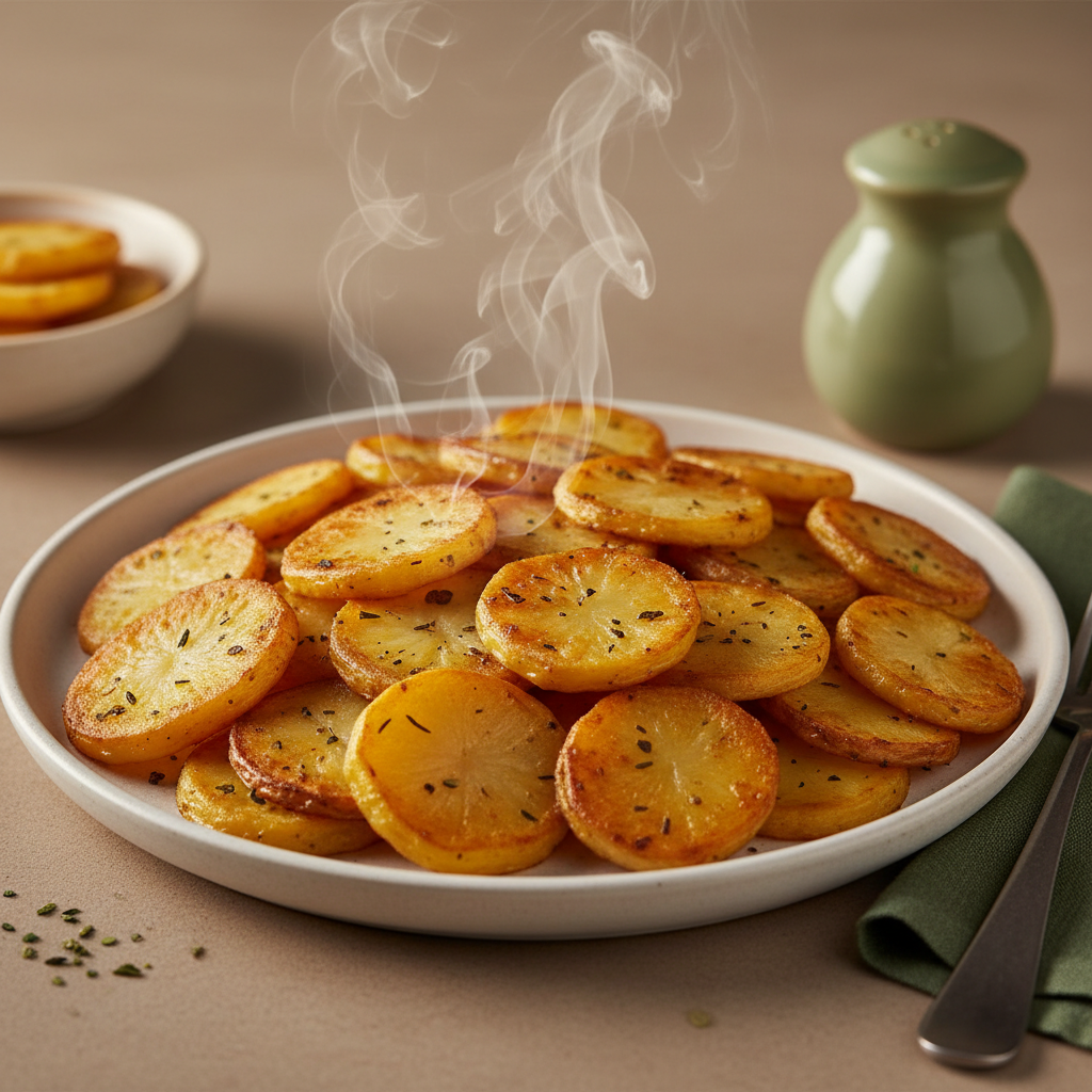 Nahaufnahme knuspriger Muskatnuss Bratkartoffeln auf schlichtem Teller vor Hintergrund #dbdbcf mit dezenten Akzenten #a5cd8d und warmer Beleuchtung