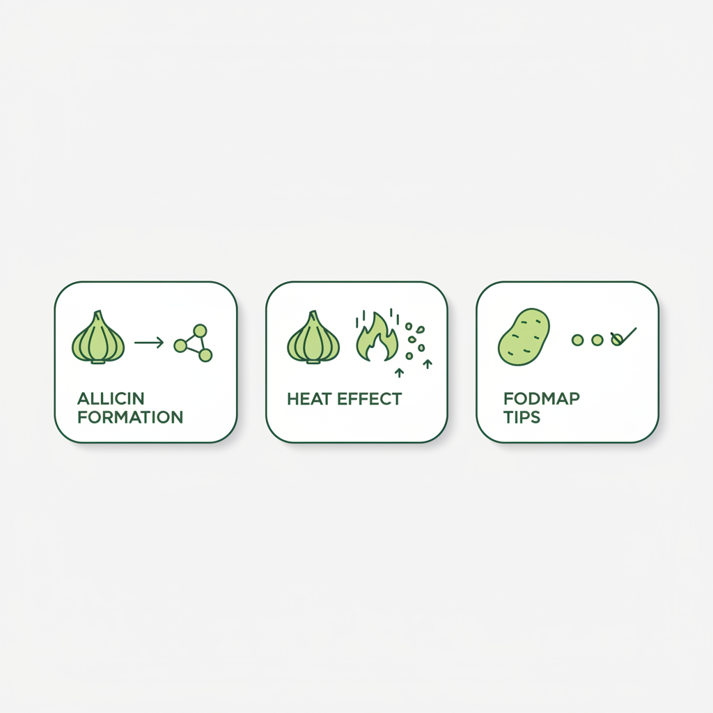 Minimalistische 2D-Vektor-Infografik zu Knoblauch und Kartoffeln mit Icons für Allicin-Entstehung, Hitzeeffekt und FODMAP-Tipps in Schnell Lecker Farben.