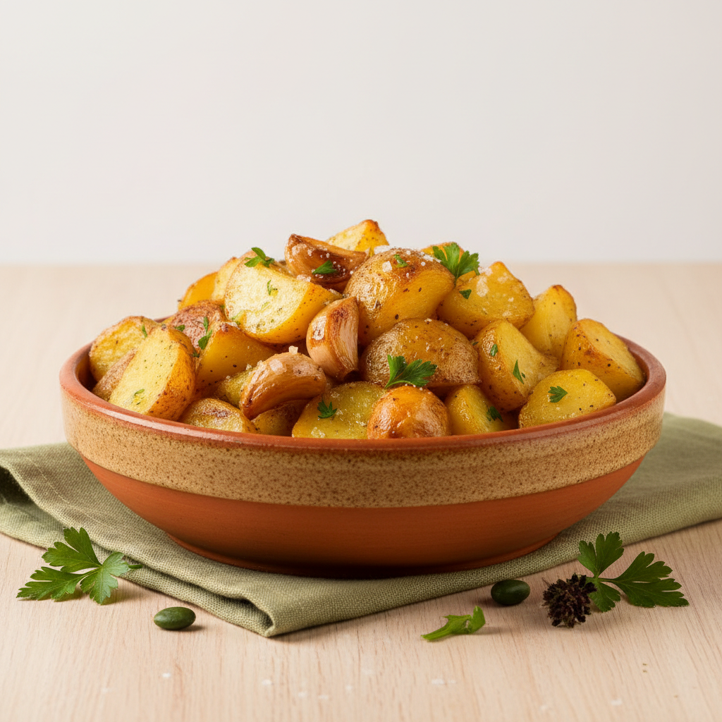 Rustikale Schale mit Ofenkartoffeln und gerösteten, ausgedrückten Knoblauchzehen – Knoblauch und Kartoffeln, warmes minimalistisches Setting, Hintergrund #dbdbcf