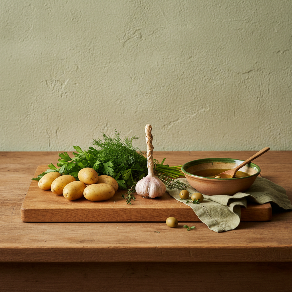 Heimische, minimalistische Küchenszene mit frischen Kartoffeln und Knoblauch im Fokus, ungarisch-rumänische Note, warmes Licht, Hintergrund #dbdbcf – Kartoffeln und Knoblauch zusammen pflanzen