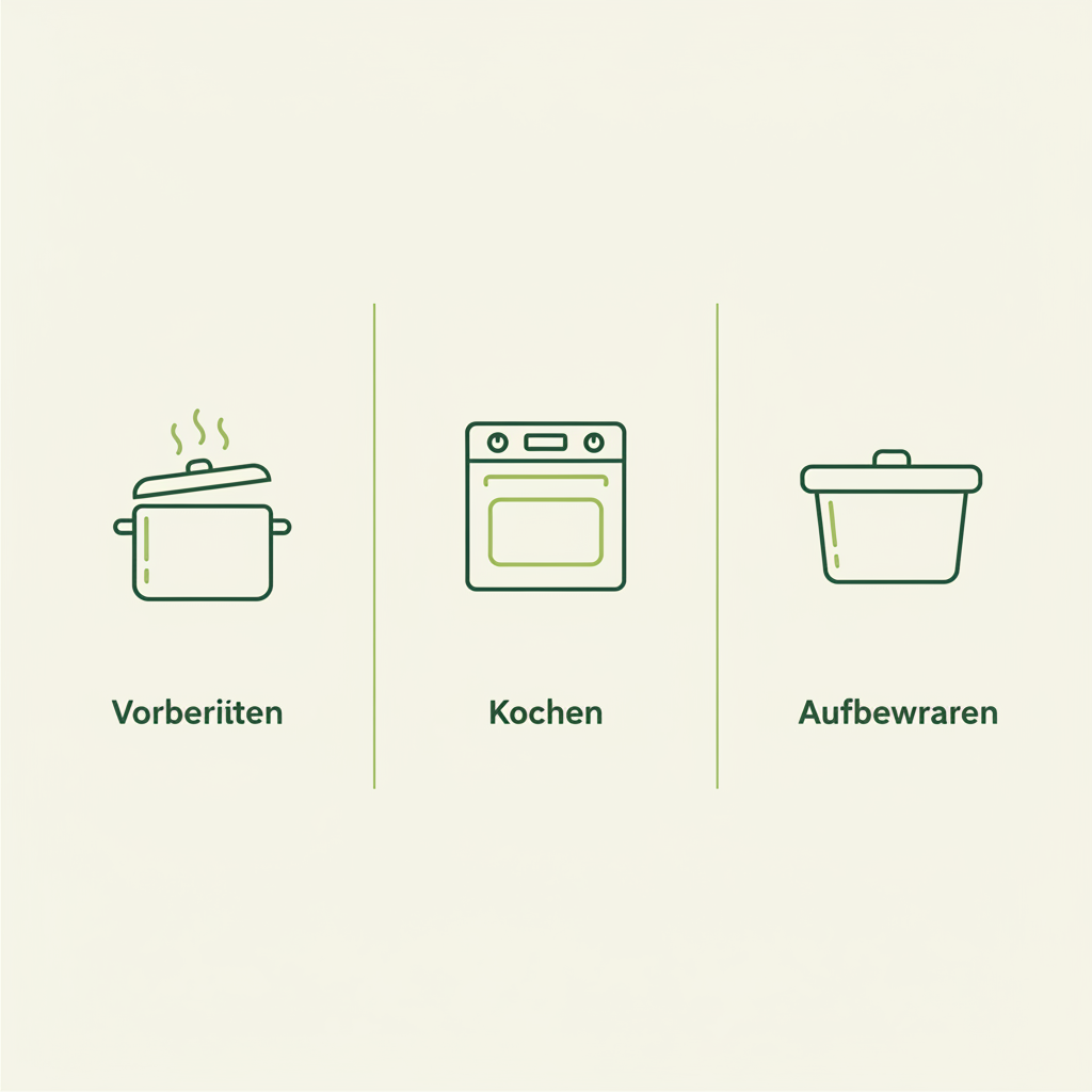 Minimalistische 2D-Vektor-Infografik mit drei verticalen Panels (Vorbereiten, Kochen, Aufbewahren) in Markenfarben, ohne Texte – Kartoffeln Geschmack verleihen