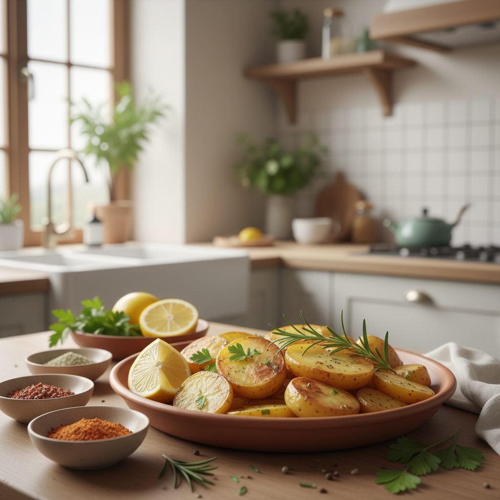Nahaufnahme von ofengerösteten Kartoffeln in flacher Schale mit Kräutern, Zitronenhälften und Gewürzschälchen vor sanftem #dbdbcf Hintergrund – Kartoffeln Geschmack verleihen