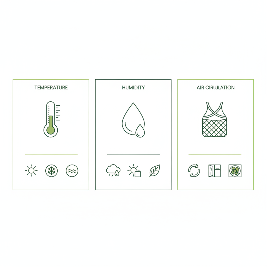 Minimalistische 2D-Vektor-Infografik mit drei Icons (Thermometer, Tropfen, Netz) zur Lagerung – Knoblauch getrennt von Kartoffeln lagern