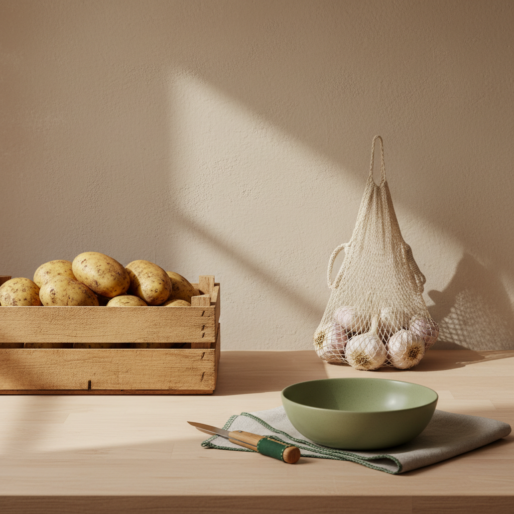 Holzkiste mit Kartoffeln neben Netz mit Knoblauch in warmer, minimalistischer Küche – Knoblauch getrennt von Kartoffeln lagern, natürliche Texturen, Hintergrund #dbdbcf