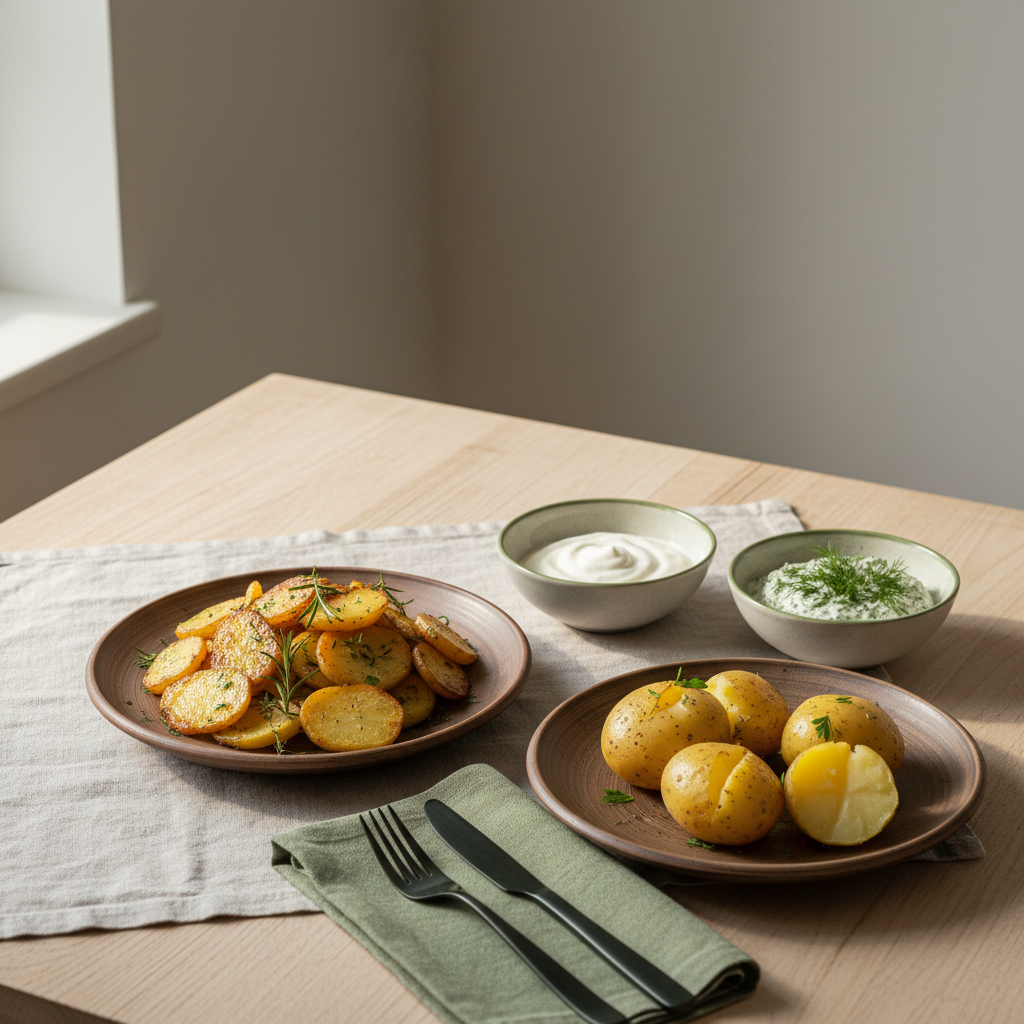 Vollbild-Küchenszene mit geschmorten Kartoffeln und Pellkartoffeln auf rustikalen Tellern vor Hintergrund #dbdbcf, Akzente #a5cd8d, warmes Licht – Kartoffelallergie
