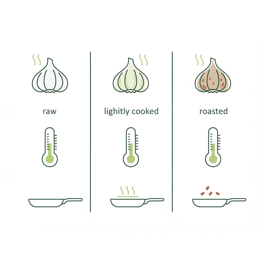 2D-Vektorinfografik: drei Spalten roh – kurz gegart – geröstet mit Icons (Knoblauchzehe, Thermometer, Pfanne) in Schnell‑Lecker-Farben, gekochter Knoblauch