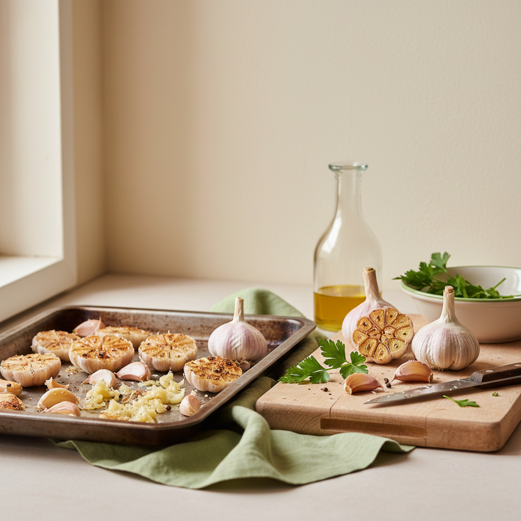 Ofenblech mit gerösteten und geschnittenen Knoblauchzehen neben Olivenöl in heller, minimalistischer Küche im Brand-Farbschema, gekochter Knoblauch im Fokus