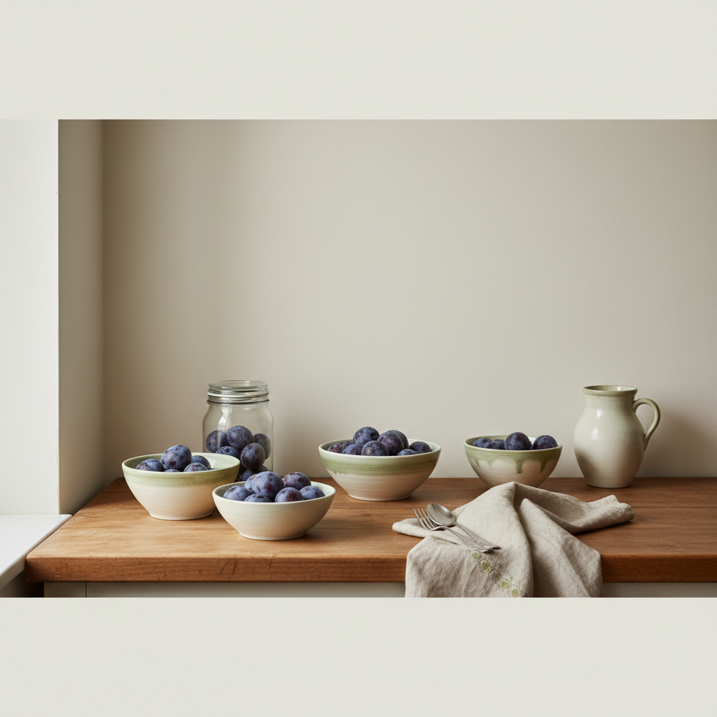 Schale mit kleinen blauen Pflaumen und Einmachgläsern auf minimaler, heimeliger europäischer Küchentheke, Hintergrund #dbdbcf, Akzent #a5cd8d
