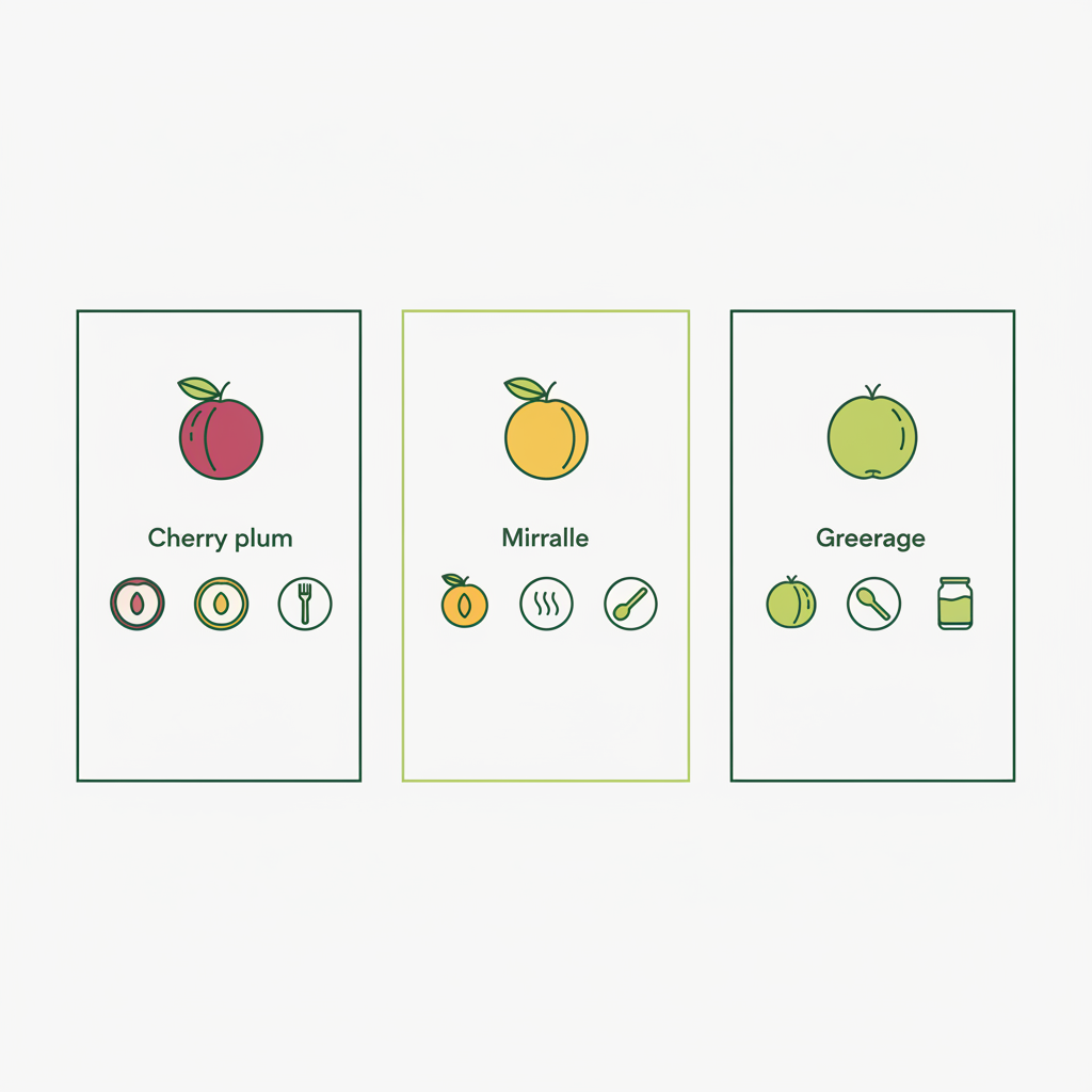 Minimalistische 2D-Vektorinfografik zu Mini-Pflaumen: drei Spalten für Kirschpflaume, Mirabelle und Reneklode mit Icons für Frucht, Duft und beste Verwendung in Schnell-Lecker-Farben