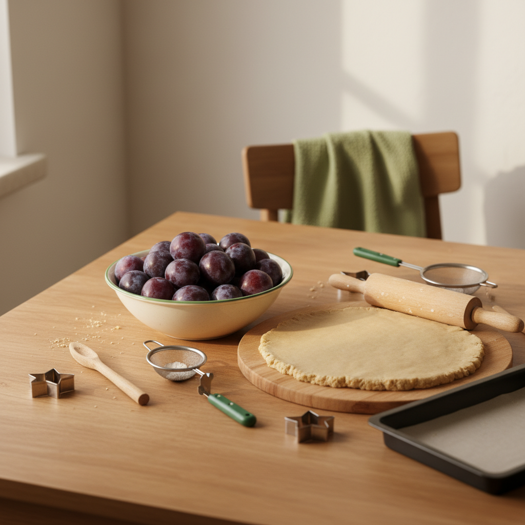 Heimelige Küche mit Schüssel voller Minipflaumen, Mürbeteig auf Holzbrett und Backutensilien vor Hintergrund #dbdbcf – Minipflaumen essen
