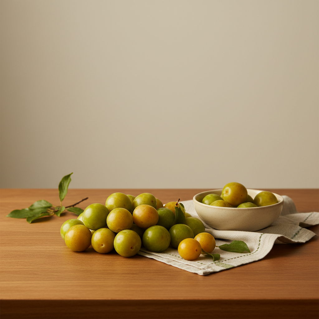 Nahaufnahme von grünen Renekloden und Mirabellen in Schale auf Holztisch mit Küchentuch-Akzenten #a5cd8d, warmes Seitenlicht, full-frame, grüne Pflaumen bestimmen