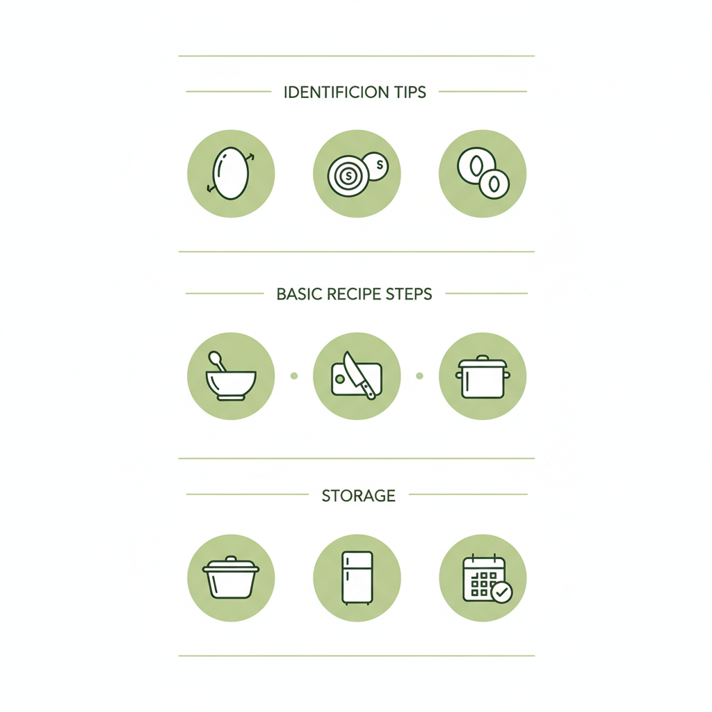 Minimalistische 2D-Vektor-Infografik mit Icons zu Bestimmung (Form, Größe, Steinverhalten), Grundrezept-Schritten und Lagerung einer kleine violette Pflaume im Schnell Lecker Farbstil.