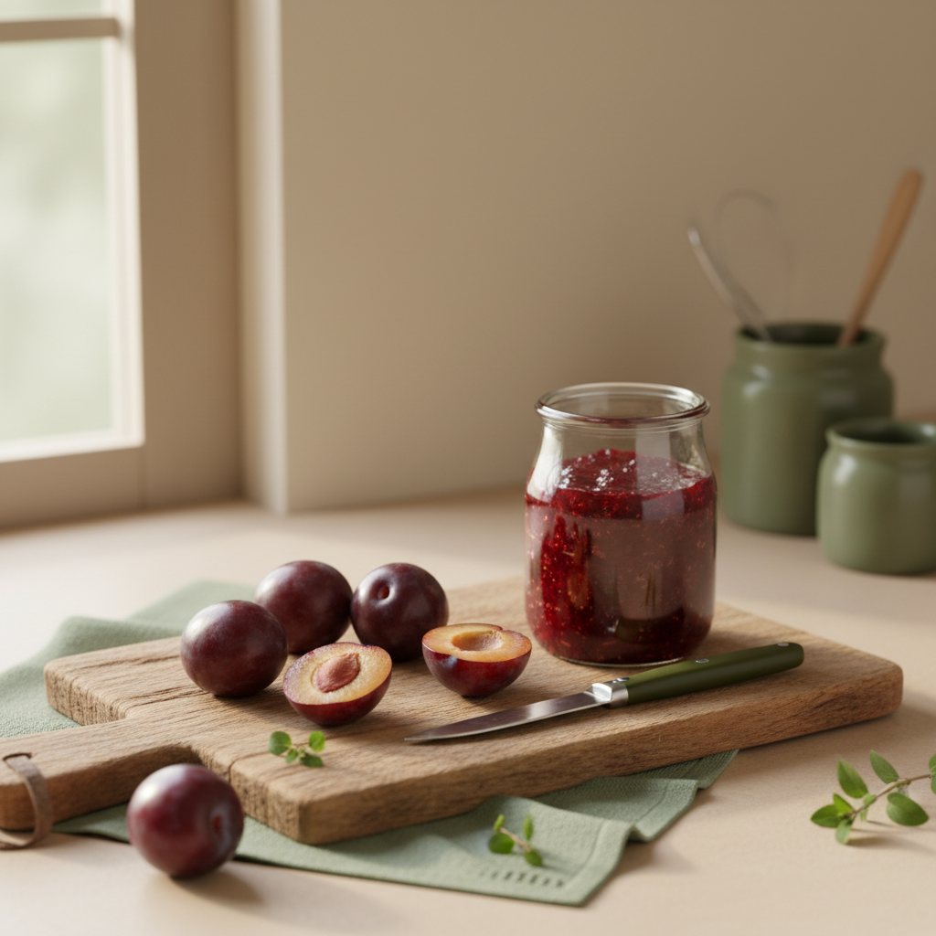 Nahaufnahme eines minimalistischen Küchenstilllebens mit einer kleine violette Pflaume auf Holzbrett, Messer und Glas mit halbgefüllter Pflaumenmarmelade vor hellbeigem Hintergrund.