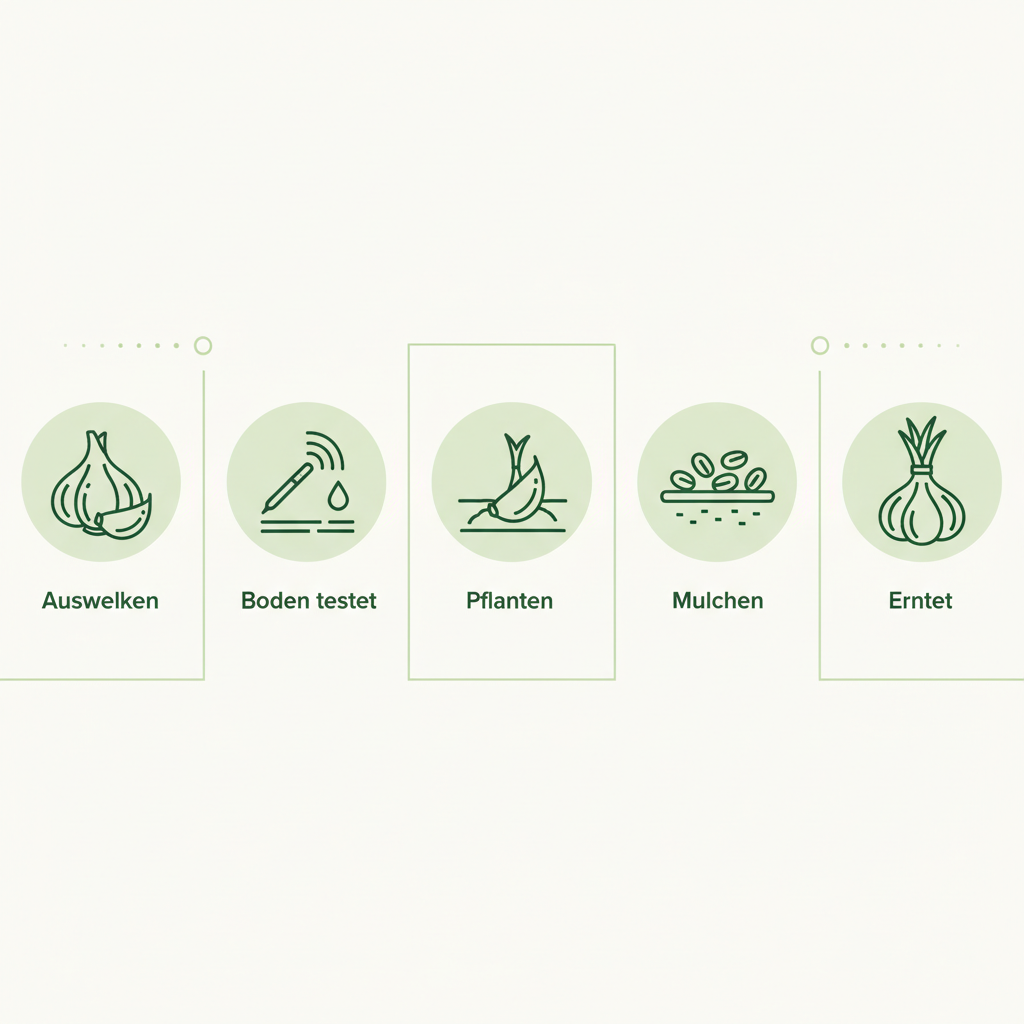 Minimalistische 2D-Infografik mit fünf Vektor-Icons zum Supermarkt Knoblauch pflanzen: auswählen, Boden testen, pflanzen, mulchen und ernten. Markenfarben Schnell Lecker.