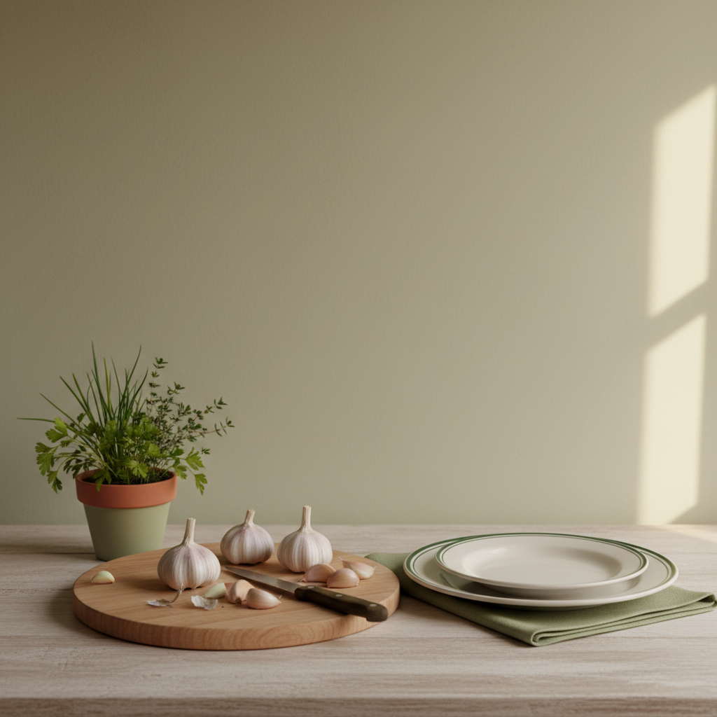Supermarkt Knoblauch pflanzen Vollbild: gemütliche europäische Küche mit Knoblauchknollen auf Holzbrett, frischen Kräutern, einfachen Tellern und natürlichem Licht