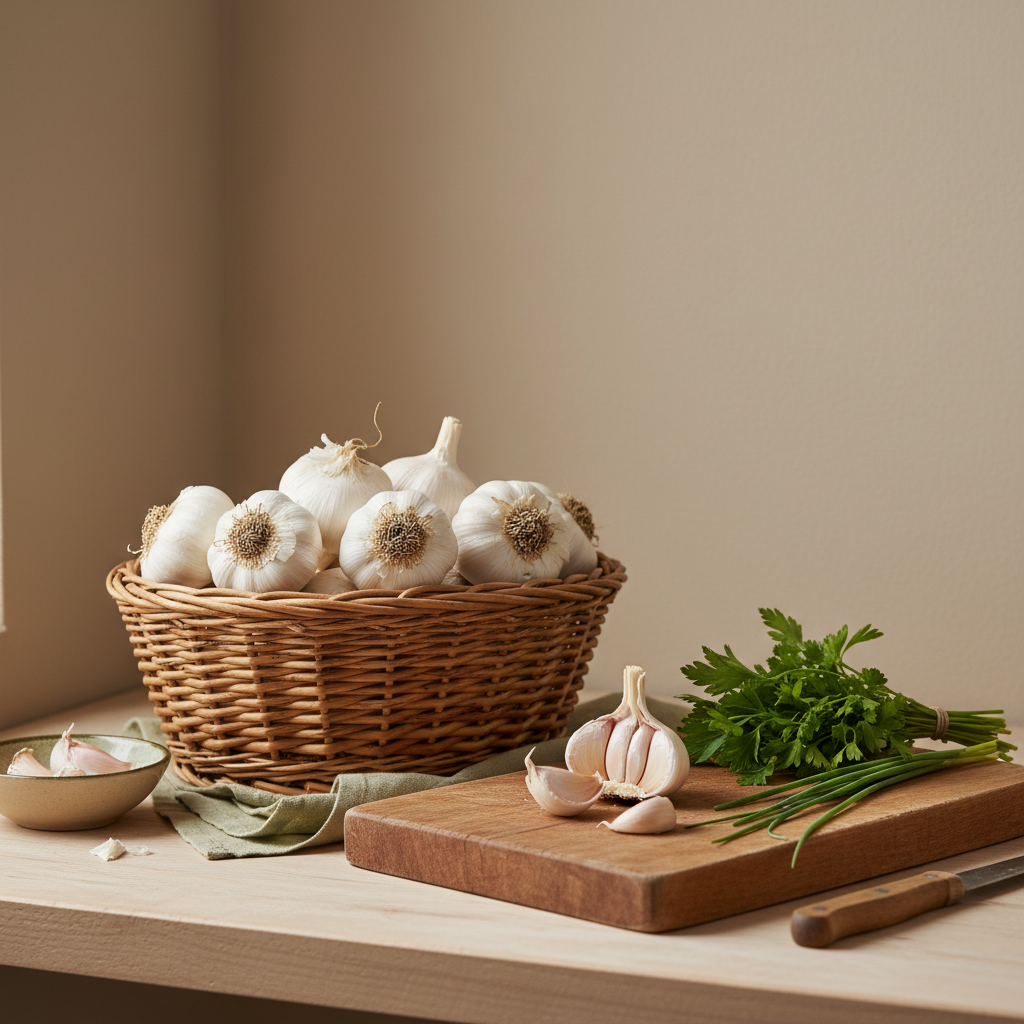 Knoblauch pflanzen Herbst: Vollbild-Nahaufnahme eines minimalistischen Küchen-Setups mit geernteten Knoblauchknollen im Korb, halbiertem Knoblauch auf Schneidebrett und Kräutern