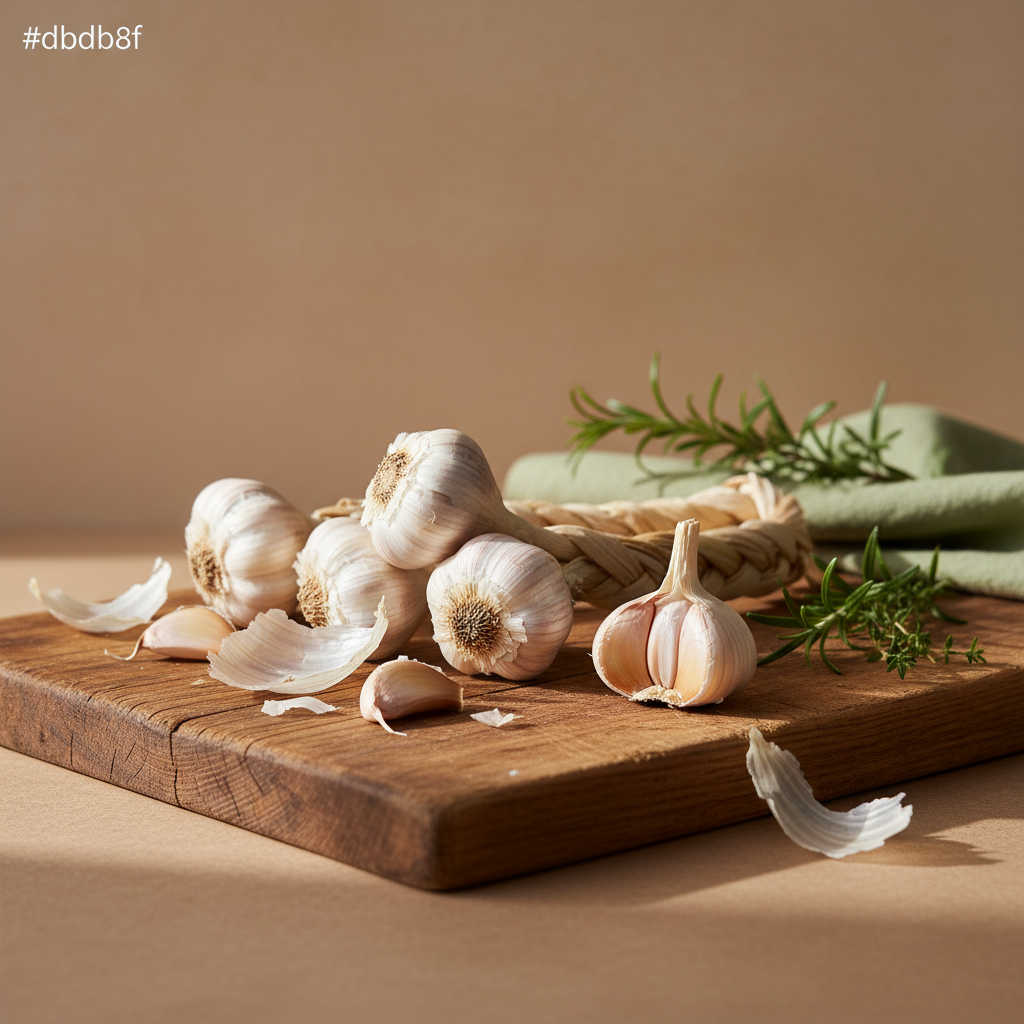 Nahaufnahme von Knoblauchzehen und geflochtenem Knoblauch auf rustikalem Brett in warmem Licht – Knoblauch ernten im heimischen, minimalistischen Küchenstil