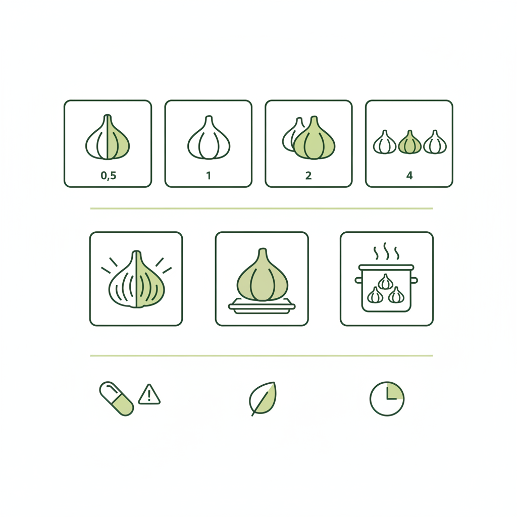 Minimalistische Vektor-Infografik mit visueller Darstellung empfohlener Knoblauch-Mengen, Zubereitungsarten und Wechselwirkungen – Wie viele Knoblauchzehen darf man am Tag essen?