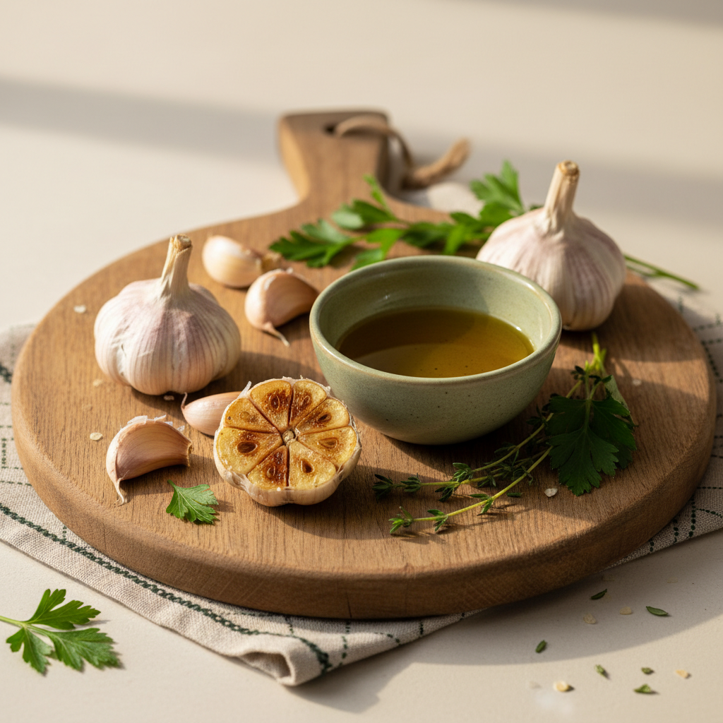 Wann sollte man Knoblauch nicht essen – Nahaufnahme eines rustikalen Holzbretts mit ganzen und gerösteten Knoblauchzehen, einer Ölschale und frischen Kräutern.