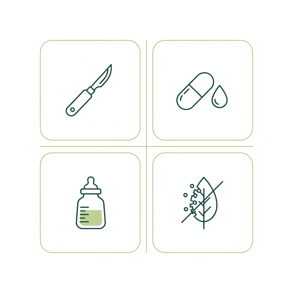 Wann sollte man Knoblauch nicht essen — minimalistische Vektor-Infografik mit vier Icons für Operation, Blutverdünner, Schwangerschaft (Babyflasche) und Allergie auf #dbdbcf Hintergrund.