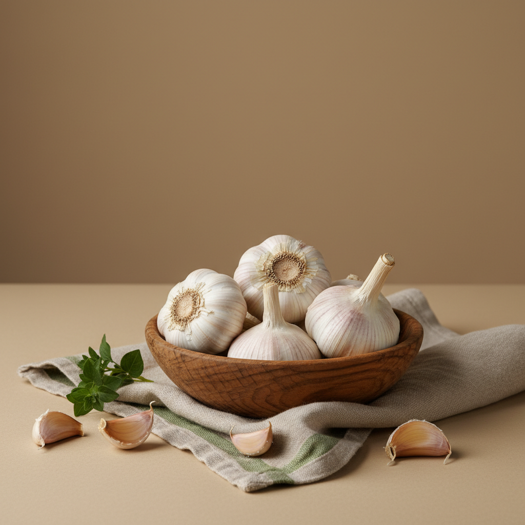 Nahaufnahme einer Holzschale mit einer Knoblauchknolle und losen Zehen auf einer Leinenserviette mit Akzent #a5cd8d vor hellem #dbdbcf Hintergrund, warmes Fensterlicht.