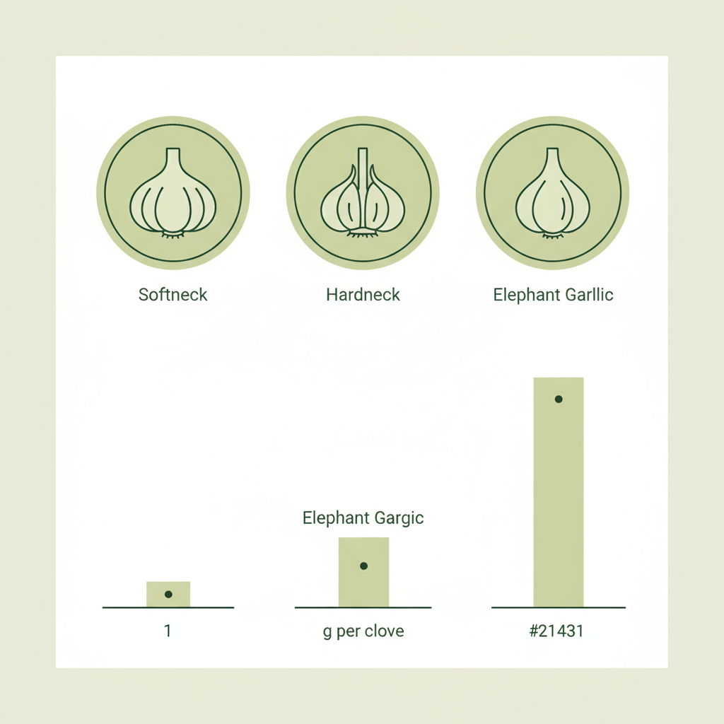 Minimalistische 2D-Vektor-Infografik mit drei Knoblauch-Icons (Softneck, Hardneck, Elefantenknoblauch) und bildlicher Umrechnungsskala für g pro Zehe — Anzahl Knoblauchzehen