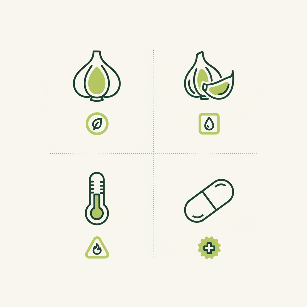 Minimalistische 2D-Vektor-Infografik mit Knoblauch-Icons (Knolle, Zehe), Thermometer und Pillen-Symbol in Markenfarben #dbdbcf, #a5cd8d und #21431f