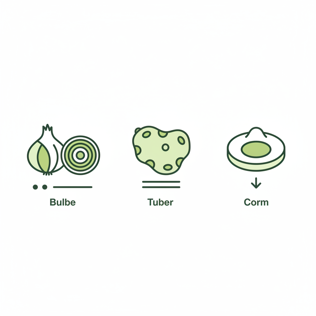 Minimalistische 2D-Vektor-Infografik mit drei Icons für Bulbe, Tuber und Corm in Markenfarben, erklärt Unterschiede — Sind Zwiebeln und Knoblauch Knollen?
