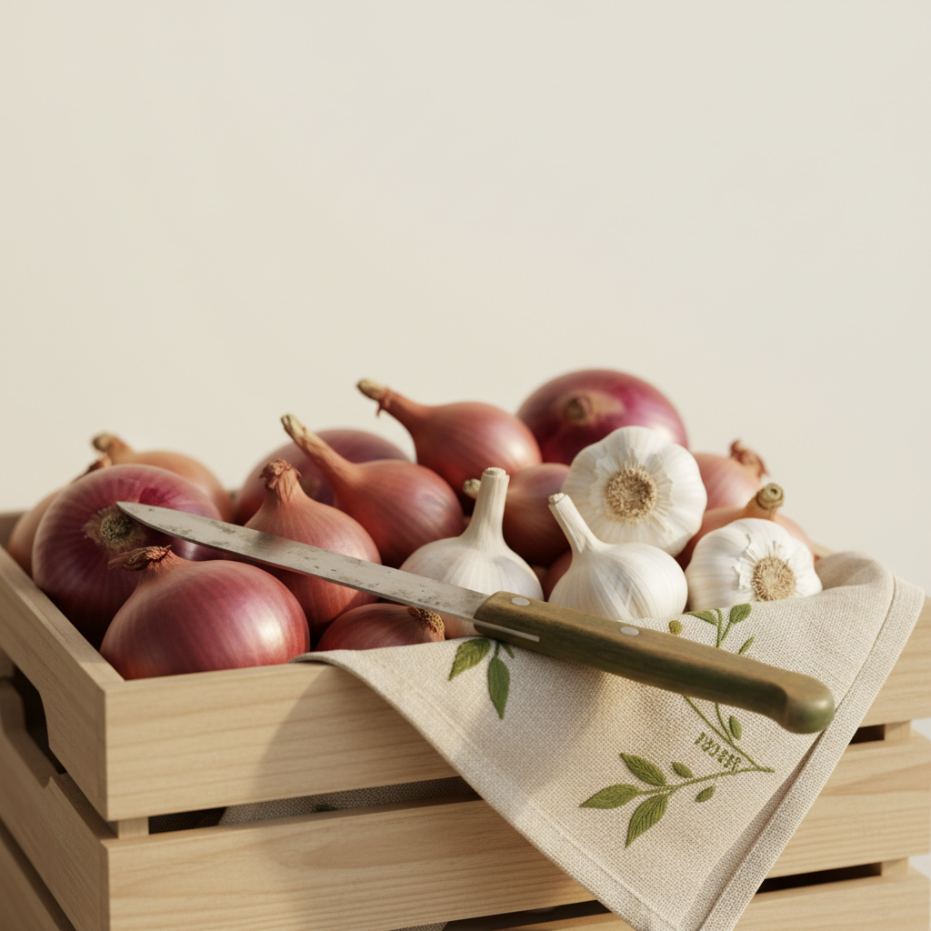 Nahaufnahme einer Holzkiste mit Zwiebeln und Knoblauch in warmer, sauber-rustikaler Küchenszene, subtil in Schnell Lecker Farben – Sind Zwiebeln und Knoblauch Knollen?