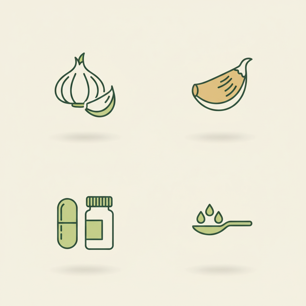 Minimalistische 2D-Vektor-Infografik mit vier Icons (roher Knoblauch, gerösteter Knoblauch, Supplement, Dosierung) in Schnell Lecker Farben. Knoblauch roh essen.