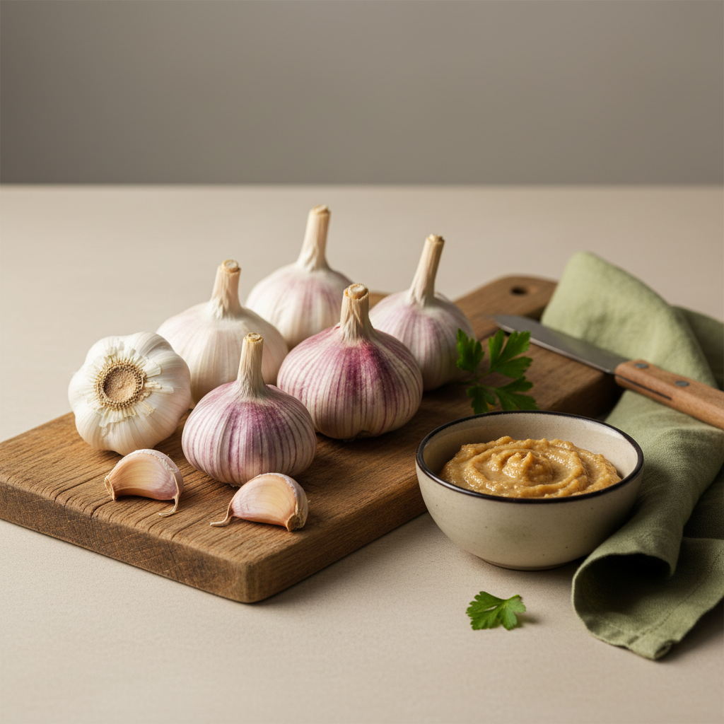 Nahaufnahme mehrerer ganzer Knoblauchknollen verschiedener Sorten und einer kleinen Schale gerösteter Knoblauchpaste auf rustikalem Brett, Hintergrund #dbdbcf – Welche Knoblauchsorte schmeckt am besten