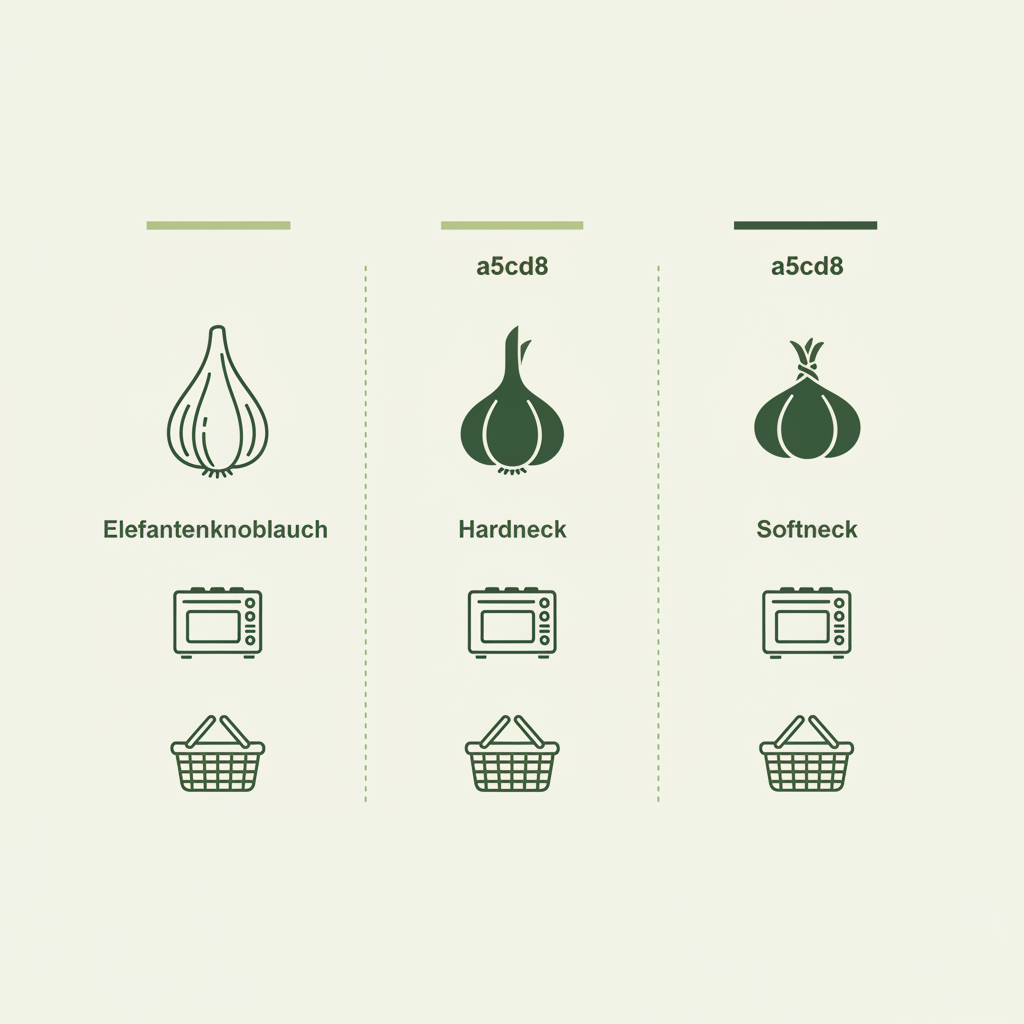 Minimalistische Vektor-Infografik mit drei Spalten zu Elefantenknoblauch, Hardneck und Softneck – Welche Knoblauchsorte schmeckt am besten, Icons: Knolle, Ofen, Lagerkorb
