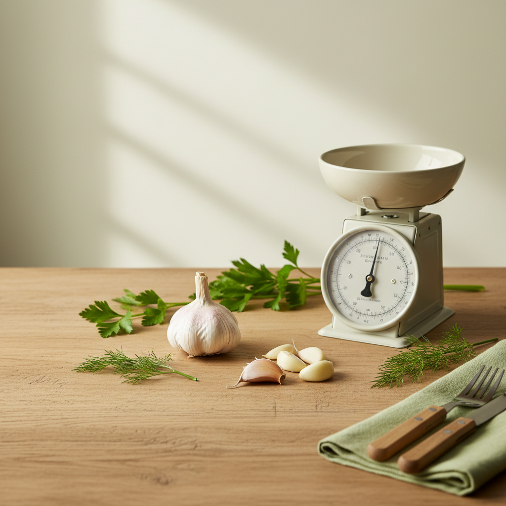 1 Zehe Knoblauch neben Knoblauchknollen, geschälten Zehen, frischen Kräutern und kleiner Küchenwaage auf minimalistischem Holztisch, Hintergrund #dbdbcf.