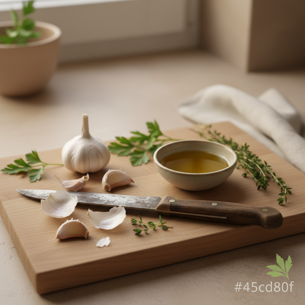 Nahaufnahme einer Knoblauchzehe und weiterer geschälter und ungeschälter Knoblauchzehen auf Holzbrett mit Olivenöl, Kräutern und vintage Messer vor #dbdbcf Hintergrund