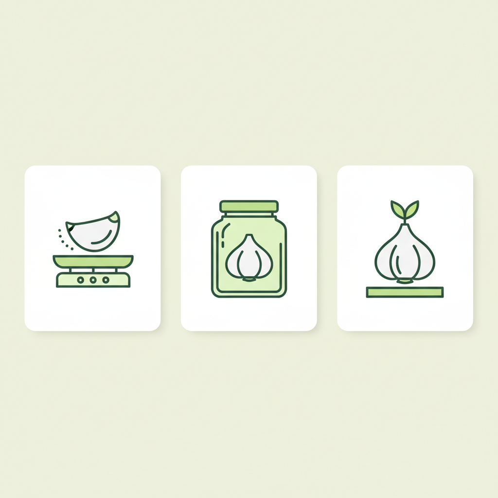 Minimalistische 2D-Vektor-Infografik mit drei Icons: Knoblauchzehe auf Waage (Gewicht), Knoblauchzehe im Glas (Lagerung) und Knoblauchzehe als Setzling (Pflanzen).