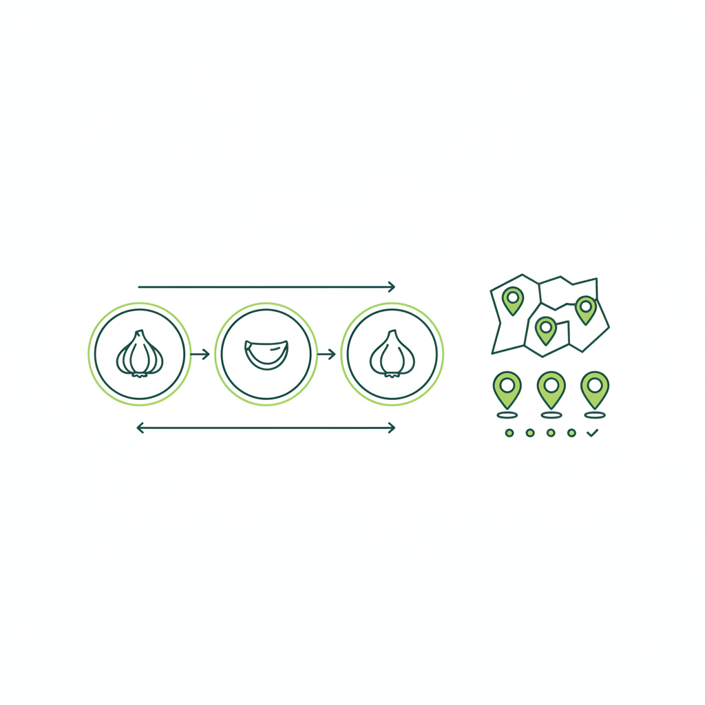 Minimalistische 2D-Vektor-Infografik zur Lautentwicklung von Knoblauch zu Knofi mit Schritt-Icons und regionalen Pins, Farben von Schnell Lecker