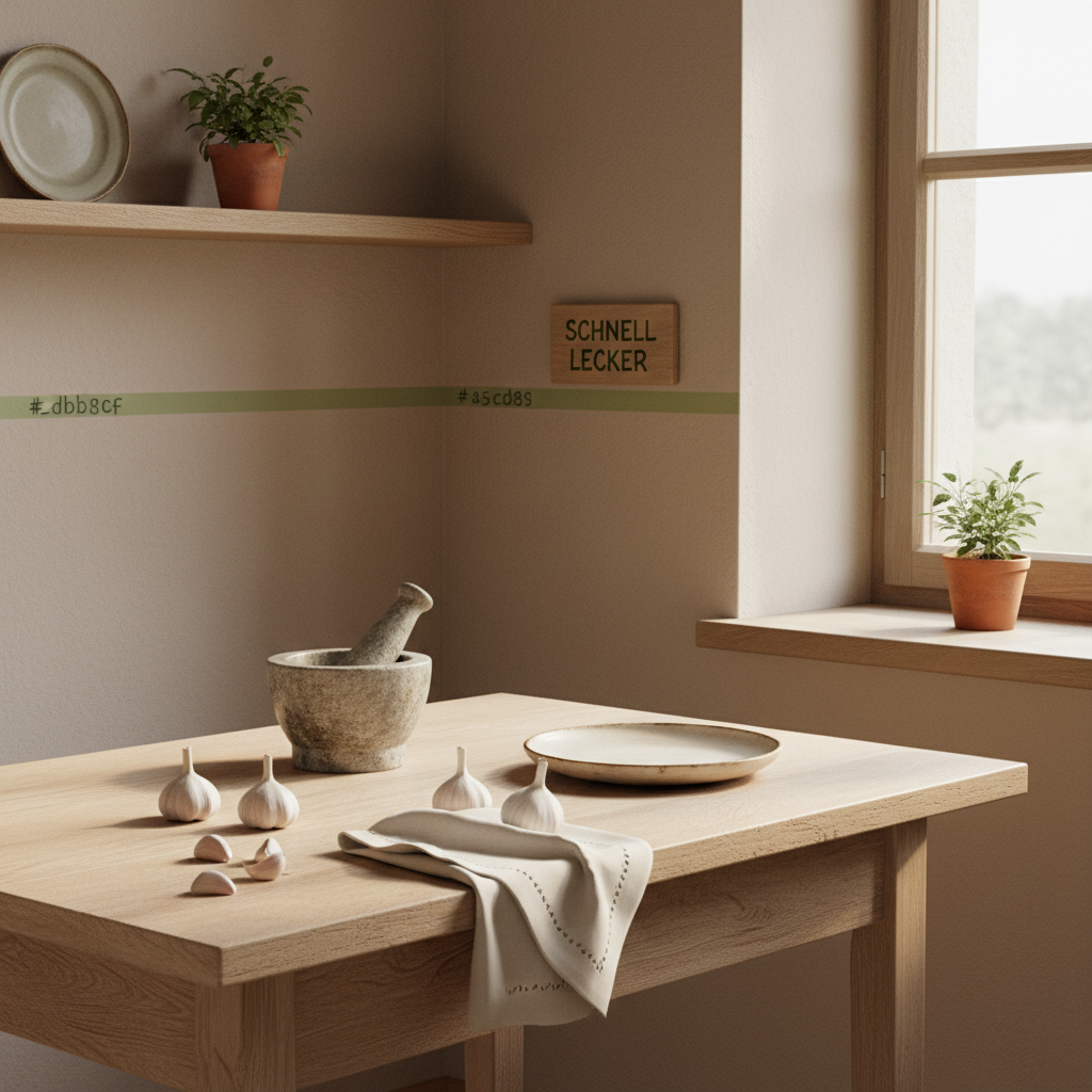 Knoblauch unter den Füßen: warme, minimalistische Küchen-Ecke mit Holztisch, verstreuten Knoblauchzehen, kleinem Leinentuch, vintage Mörser und schlichter Keramikplatte, Hintergrund #dbdbcf