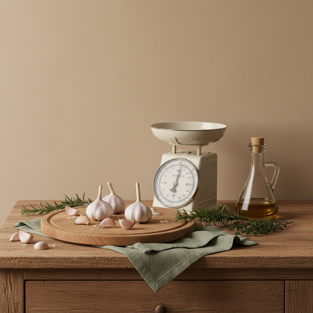 Gemütliche Küchenarbeitsplatte mit Knoblauchknollen, geschälten Zehen, Küchenwaage, Holzbrett und Olivenöl in warmem Licht – Wie viel Knoblauch sind 10 Zehen