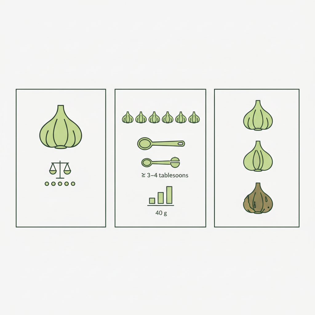 Infografik: Wie viel Knoblauch sind 10 Zehen — visuelle Umrechnung: 1 Zehe ≈ 4 g; 10 Zehen ≈ 40 g ≈ 3–4 EL; Icons für roh, angeschwitzt, gebacken.