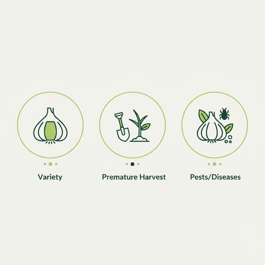 Minimalistische 2D-Vektor-Infografik zu Knoblauch ohne Zehen Ursachen mit drei Icons für Sorte, zu frühe Ernte und Schädlinge/Krankheiten in Schnell-Lecker-Farben.